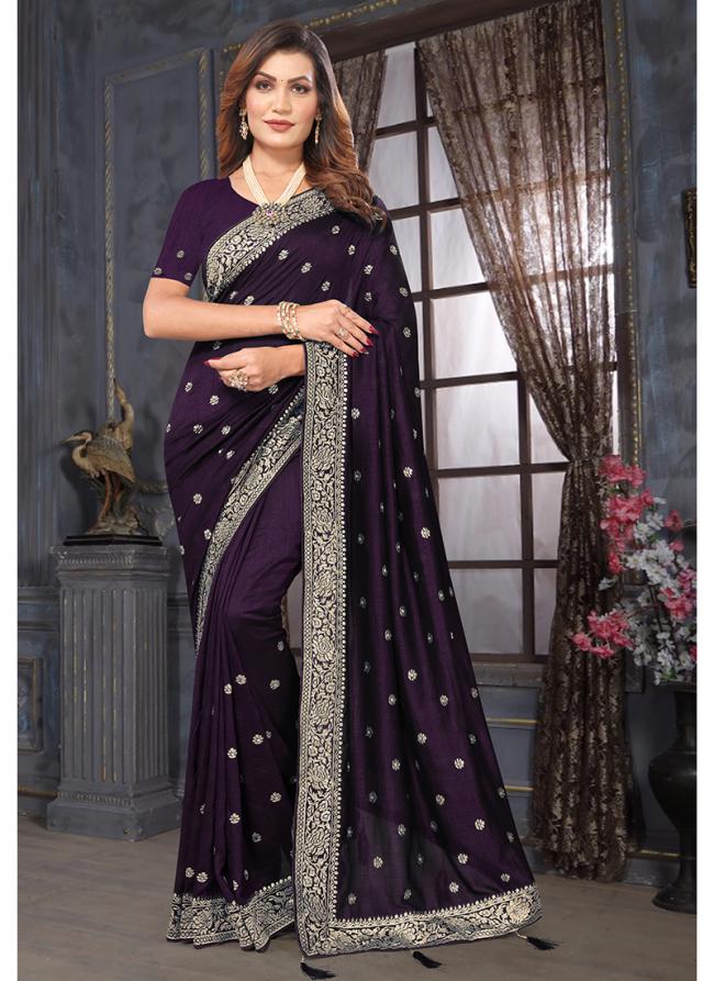 Vichitra Purple Wedding Wear Embroidery Work Saree